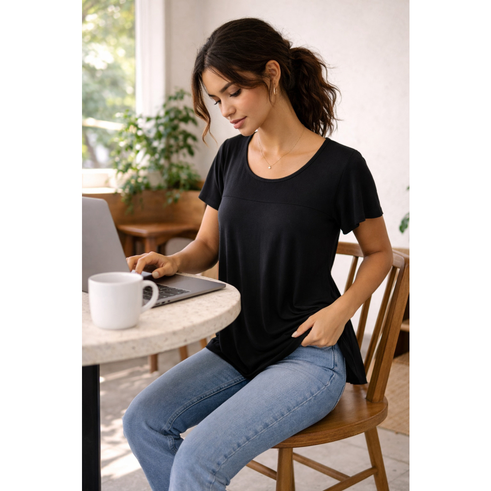 Moda International S Swing Top Black Relaxed Flowy Casual Minimalist Tee